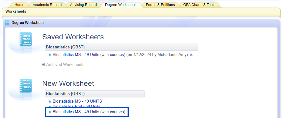 OASIS screenshot MS Biostatistics degree worksheets